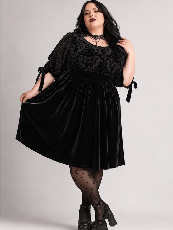 Killstar Dresses & Skirts - Killstar Velvet Burnout Short Tie Sleeve Fit and Flare Mini Dress 4X black